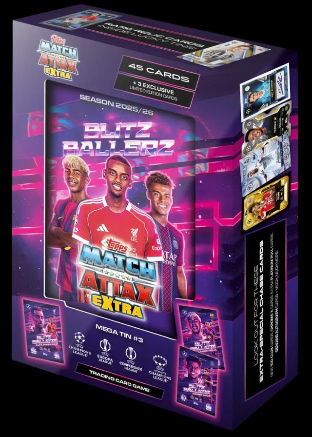 (Naujiena!) UEFA Champions League 2026 Match Attax EXTRA kortelių Mega metalinė dėžutė Blitzballers