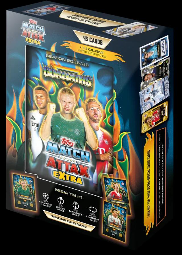 (Naujiena!) UEFA Champions League 2026 Match Attax EXTRA kortelių Mega metalinė dėžutė Goliaths